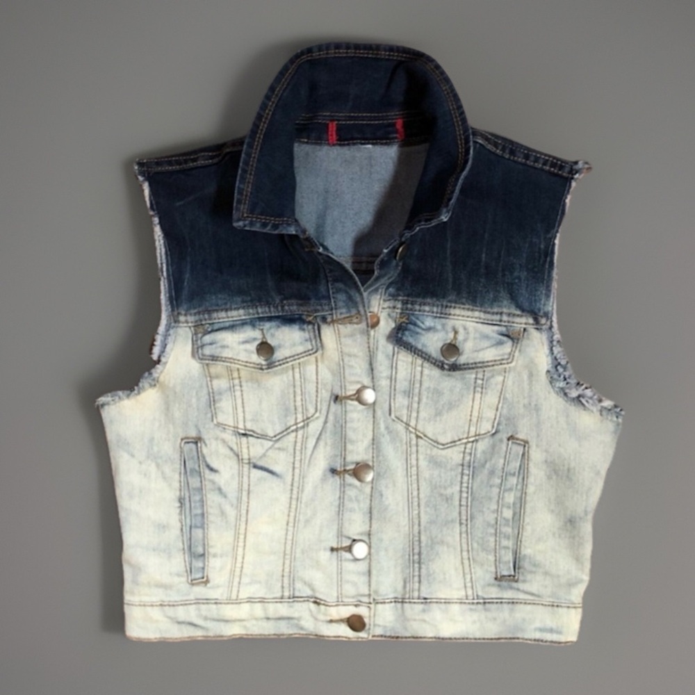 Blue Two Tone Frayed Jean Vest Top M